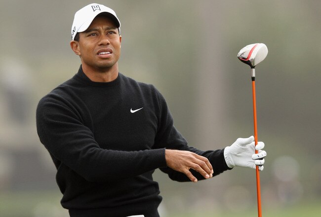 PEBBLE BEACH, CA - FEBRUARY 10:  Tiger Woods watches his tee shot on the sixth hole during the second round of the AT&T Pebble Beach National Pro-Am at the Monterey Peninsula Country Club (Shore Course) on February 10, 2012 in Pebble Beach, California.  (Photo by Ezra Shaw/Getty Images)