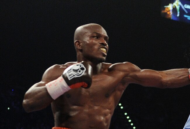 LAS VEGAS, NV - NOVEMBER 12:  (L-R) Timothy Bradley connects with a left to the head of Joel Casamayor during their WBO junior welterweight title fight at the MGM Grand Garden Arena on November 12, 2011 in Las Vegas, Nevada.  (Photo by Harry How/Getty Images)