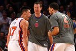 NEW YORK, NY - FEBRUARY 10:  (L-R) Jeremy Lin #17, Steve Novak #16 and Landry Fields #2 of the New York Knicks celebrate after Lin made a 3-point basket in the fourth quarter at Madison Square Garden on February 10, 2012 in New York City.  NOTE TO USER: User expressly acknowledges and agrees that, by downloading and or using this photograph, User is consenting to the terms and conditions of the Getty Images License Agreement.  (Photo by Chris Chambers/Getty Images)