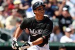 JUPITER, FL - MARCH 15:  Outfielder Mike Stanton #80 of the Florida Marlins hits a two-run home run against the Minnesota Twins at Roger Dean Stadium on March 15, 2010 in Jupiter, Florida. The Marlins defeated the Twins 5-4.  (Photo by Doug Benc/Getty Images)