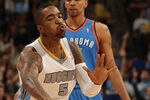 DENVER, CO - APRIL 25:  J.R. Smith #5 of the Denver Nuggets celebrates after hitting a three point basket against the Oklahoma City Thunder in Game Four of the Western Conference Quarterfinals in the 2011 NBA Playoffs at Pepsi Center on April 25, 2011 in Denver, Colorado. NOTE TO USER: User expressly acknowledges and agrees that, by downloading and or using this photograph, User is consenting to the terms and conditions of the Getty Images License Agreement.  (Photo by Justin Edmonds/Getty Images)