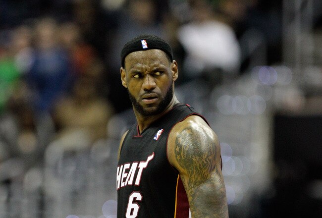 WASHINGTON, DC - MARCH 30:  LeBron James #6 of the Miami Heat against the Washington Wizards at the Verizon Center on March 30, 2011 in Washington, DC. NOTE TO USER: User expressly acknowledges and agrees that, by downloading and/or using this Photograph, User is consenting to the terms and conditions of the Getty Images License Agreement.  (Photo by Rob Carr/Getty Images)