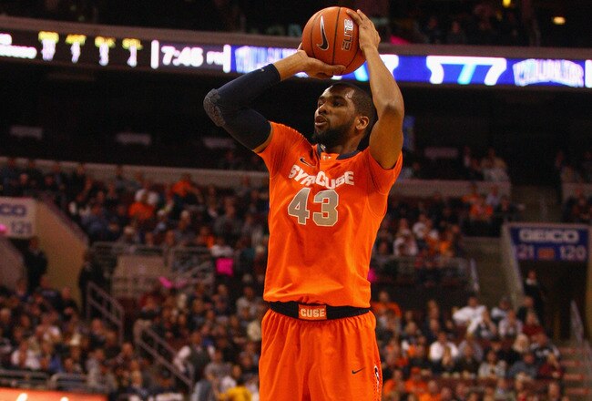 PHILADELPHIA, PA - JANUARY 11:  James Southerland #43 of the Syracuse Orange attempts a shot against the Villanova Wildcats at the Wells Fargo Center on January 11, 2012 in Philadelphia, Pennsylvania.  (Photo by Chris Chambers/Getty Images)