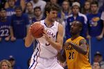 LAWRENCE, KS - DECEMBER 06:  Jeff Withey #5 of the Kansas Jayhawks in action during the game against the Long Beach State 49ers on December 6, 2011 at Allen Fieldhouse in Lawrence, Kansas.  (Photo by Jamie Squire/Getty Images)