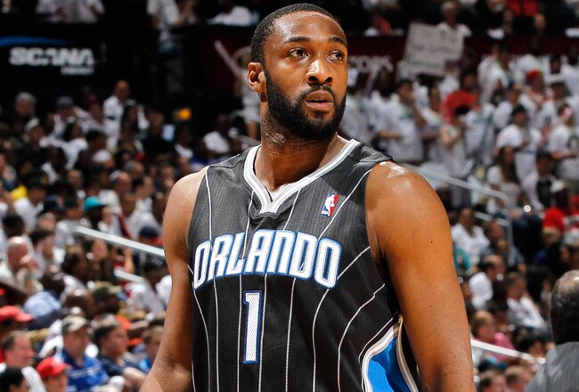ATLANTA, GA - APRIL 24:  Gilbert Arenas #1 of the Orlando Magic against the Atlanta Hawks during Game Four of the Eastern Conference Quarterfinals in the 2011 NBA Playoffs at Philips Arena on April 24, 2011 in Atlanta, Georgia.  NOTE TO USER: User expressly acknowledges and agrees that, by downloading and or using this photograph, User is consenting to the terms and conditions of the Getty Images License Agreement.  (Photo by Kevin C. Cox/Getty Images)