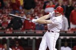 CINCINNATI, OH - SEPTEMBER 15: Jay Bruce #32 of the Cincinnati Reds hits the game-winning two-run home run in the 11th inning against the Chicago Cubs at Great American Ball Park on September 15, 2011 in Cincinnati, Ohio. The Reds won 8-6. (Photo by Joe Robbins/Getty Images)