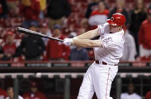 CINCINNATI, OH - SEPTEMBER 15: Jay Bruce #32 of the Cincinnati Reds hits the game-winning two-run home run in the 11th inning against the Chicago Cubs at Great American Ball Park on September 15, 2011 in Cincinnati, Ohio. The Reds won 8-6. (Photo by Joe Robbins/Getty Images)