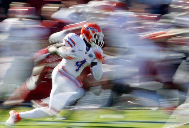 COLUMBIA, SC - NOVEMBER 12:  Andre Debose #4 of the Florida Gators runs with the ball against the South Carolina Gamecocks during their game at Williams-Brice Stadium on November 12, 2011 in Columbia, South Carolina.  (Photo by Streeter Lecka/Getty Images)