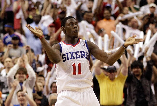 PHILADELPHIA, PA - APRIL 24: Jrue Holiday #11 of the Philadelphia 76ers celebrates after scoring against the Miami Heat in the fourth quarter of Game Four of the Eastern Conference Quarterfinals in the 2011 NBA Playoffs at Wells Fargo Center on April 24, 2011 in Philadelphia, Pennsylvania. NOTE TO USER: User expressly acknowledges and agrees that, by downloading and/or using this Photograph, User is consenting to the terms and conditions of the Getty Images License Agreement.  (Photo by Rob Carr/Getty Images)