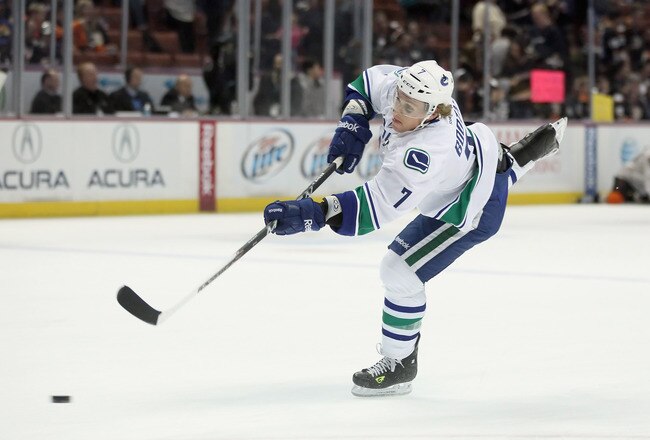 ANAHEIM, CA - NOVEMBER 11:  David Booth #7 of the Vancouver Canucks takes a shot prior to the start of the game against the Anaheim Ducks at Honda Center on November 11, 2011 in Anaheim, California.  (Photo by Jeff Gross/Getty Images)