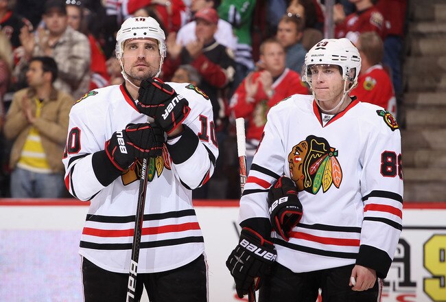 GLENDALE, AZ - FEBRUARY 11:  Patrick Sharp #10 and Patrick Kane #88 of the Chicago Blackhawks wait for a face off against the Phoenix Coyotes during the NHL game at Jobing.com Arena on February 11, 2012 in Glendale, Arizona. The Coyotes defeated the Blackhawks 3-0.  (Photo by Christian Petersen/Getty Images)