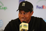 PEBBLE BEACH, CA - FEBRUARY 11:  Tiger Woods is interviewed by the media at a press conference after finishing his third round of the AT&T Pebble Beach National Pro-Am at Pebble Beach Golf Links on February 11, 2012 in Pebble Beach, California.  (Photo by Harry How/Getty Images)