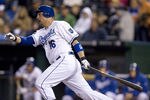 KANSAS CITY, MO - SEPTEMBER 16:   Billy Butler #16 of the Kansas City Royals hits a RBI single in the first inning during a game against the Chicago White Sox at Kauffman Stadium on September 16, 2011 in Kansas City, Missouri. (Photo by Ed Zurga/Getty Images)