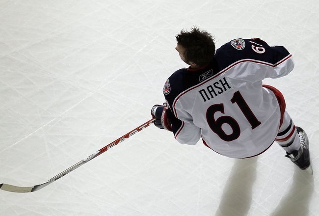 NEWARK, NJ - MARCH 23:  Rick Nash #61 of the Columbus Blue Jackets warms up before playing against the New Jersey Devils at the Prudential Center on March 23, 2010 in Newark, New Jersey.  (Photo by Jim McIsaac/Getty Images)