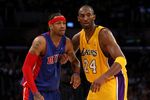 LOS ANGELES, CA - NOVEMBER 14:  Kobe Bryant #24 of the Los Angeles Lakers and Allen Iverson #1 of the Detroit Pistons get set for play on November 14, 2008 at Staples Center in Los Angeles, California. The Pistons won 106-95.   NOTE TO USER: User expressly acknowledges and agrees that, by downloading and/or using this Photograph, user is consenting to the terms and conditions of the Getty Images License Agreement.  (Photo by Stephen Dunn/Getty Images)