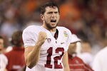 GLENDALE, AZ - JANUARY 02:  Andrew Luck #12 of the Stanford Cardinal reacts during the Tostitos Fiesta Bowl against the Oklahoma State Cowboys on January 2, 2012 at University of Phoenix Stadium in Glendale, Arizona.  (Photo by Christian Petersen/Getty Images)