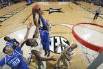 NASHVILLE, TN - FEBRUARY 11: Terrence Jones #3 of the Kentucky Wildcats rebounds against Festus Ezeli #3 of the Vanderbilt Commodores at Memorial Gymnasium on February 11, 2012 in Nashville, Tennessee. Kentucky won 69-63. (Photo by Joe Robbins/Getty Images)
