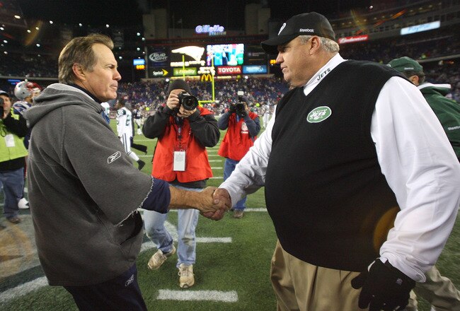 FOXBORO, MA - NOVEMBER 22:  Bill Belichick of the New England Patriots shakes hands with Rex Ryan of the New York on November 22, 2009 in Foxboro, Massachusetts. The Patriots won 31-14. (Photo by Jim Rogash/Getty Images)