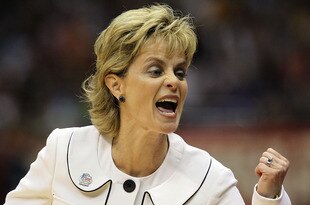 SAN ANTONIO - APRIL 04:  Head coach Kim Mulkey of the Baylor Bears reacts in play against the Connecticut Huskies during the Women's Final Four Semifinals at the Alamodome on April 4, 2010 in San Antonio, Texas.  (Photo by Ronald Martinez/Getty Images)