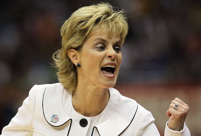 SAN ANTONIO - APRIL 04:  Head coach Kim Mulkey of the Baylor Bears reacts in play against the Connecticut Huskies during the Women's Final Four Semifinals at the Alamodome on April 4, 2010 in San Antonio, Texas.  (Photo by Ronald Martinez/Getty Images)