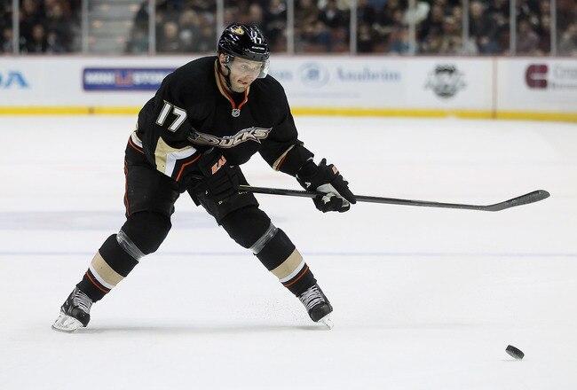 ANAHEIM, CA - JANUARY 04:  Lubomir Visnovsky #17 of the Anaheim Ducks skates against the San Jose Sharks at Honda Center on January 4, 2012 in Anaheim, California.  (Photo by Jeff Gross/Getty Images)