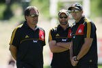 QUEENSTOWN, NEW ZEALAND - FEBRUARY 11:  Head Coach Dave Rennie (L) of the Chiefs looks on during the Super Rugby trial match between the Chiefs and the Highlanders at Queenstown Recreation Ground on February 11, 2012 in Queenstown, New Zealand.  (Photo by Teaukura Moetaua/Getty Images)