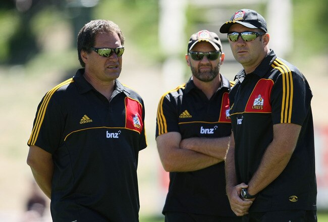 QUEENSTOWN, NEW ZEALAND - FEBRUARY 11:  Head Coach Dave Rennie (L) of the Chiefs looks on during the Super Rugby trial match between the Chiefs and the Highlanders at Queenstown Recreation Ground on February 11, 2012 in Queenstown, New Zealand.  (Photo by Teaukura Moetaua/Getty Images)
