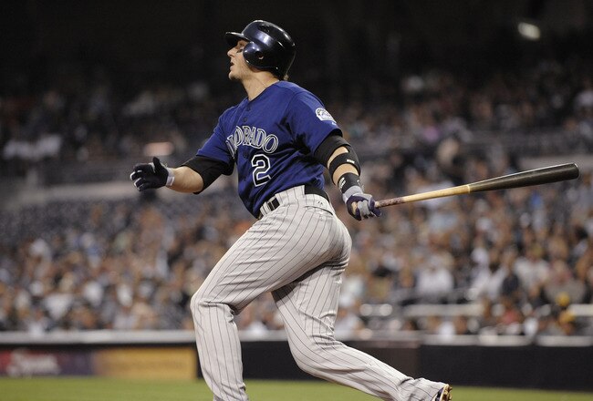 SAN DIEGO, CA - SEPTEMBER 3:  Troy Tulowitzki #2 of the Colorado Rockies hits a RBI single during the fifth inning of a baseball game against the San Diego Padres at Petco Park on September 3, 2011 in San Diego, California. (Photo by Denis Poroy/Getty Images)
