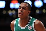 NEW YORK, NY - DECEMBER 25: Rajon Rondo #9 of the Boston Celtics looks on during the second half against the New York Knicks at Madison Square Garden on December 25, 2011 in New York City. NOTE TO USER: User expressly acknowledges and agrees that, by downloading and or using this photograph, User is consenting to the terms and conditions of the Getty Images License Agreement. (Photo by Christopher Pasatieri/Getty Images)