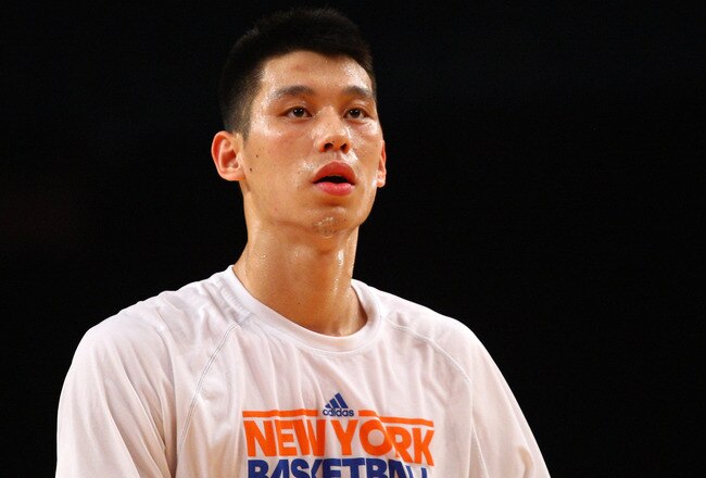 NEW YORK, NY - FEBRUARY 10:  Jeremy Lin #17 of the New York Knicks looks on as he warms up against the Los Angeles Lakers at Madison Square Garden on February 10, 2012 in New York City.  NOTE TO USER: User expressly acknowledges and agrees that, by downloading and or using this photograph, User is consenting to the terms and conditions of the Getty Images License Agreement.  (Photo by Chris Chambers/Getty Images)