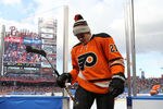 PHILADELPHIA, PA - JANUARY 02:  James van Riemsdyk #21 of the Philadelphia Flyers walks off the ice while playing against the New York Rangers during the 2012 Bridgestone NHL Winter Classic at Citizens Bank Park on January 2, 2012 in Philadelphia, Pennsylvania.  (Photo by Bruce Bennett/Getty Images)