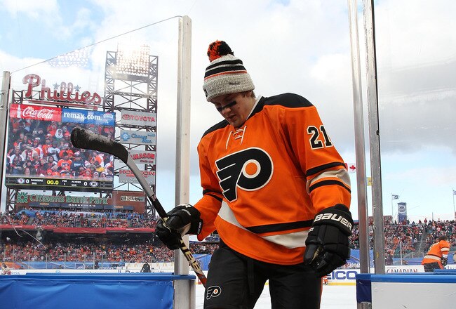 PHILADELPHIA, PA - JANUARY 02:  James van Riemsdyk #21 of the Philadelphia Flyers walks off the ice while playing against the New York Rangers during the 2012 Bridgestone NHL Winter Classic at Citizens Bank Park on January 2, 2012 in Philadelphia, Pennsylvania.  (Photo by Bruce Bennett/Getty Images)