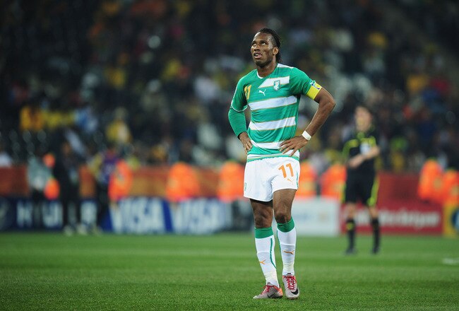 NELSPRUIT, SOUTH AFRICA - JUNE 25:  Didier Drogba of the Ivory Coast reacts during the 2010 FIFA World Cup South Africa Group G match between North Korea and Ivory Coast at the Mbombela Stadium on June 25, 2010 in Nelspruit, South Africa.  (Photo by Clive Mason/Getty Images)