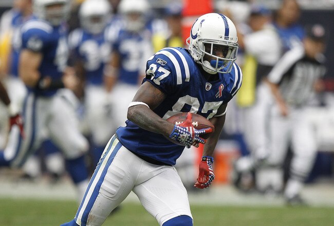 HOUSTON - SEPTEMBER 11:  Wide receiver Reggie Wayne #87 of the Indianapolis Colts looks for room to run after a reception against the Houston Texans during the season-opening game at Reliant Stadium on September 11, 2011 in Houston, Texas.  (Photo by Bob Levey/Getty Images)
