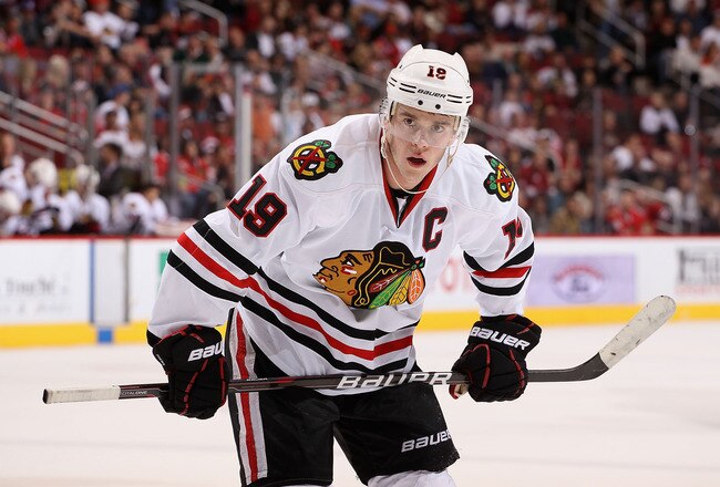 GLENDALE, AZ - FEBRUARY 11:  Jonathan Toews #19 of the Chicago Blackhawks skates up to the face off circle during the NHL game against the Phoenix Coyotes at Jobing.com Arena on February 11, 2012 in Glendale, Arizona. The Coyotes defeated the Blackhawks 3-0.  (Photo by Christian Petersen/Getty Images)