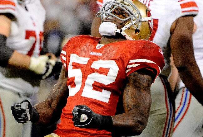SAN FRANCISCO, CA - JANUARY 22:  Patrick Willis #52 of the San Francisco 49ers reacts after he sacked Eli Manning #10 of the New York Giants in the second half during the NFC Championship Game at Candlestick Park on January 22, 2012 in San Francisco, California.  (Photo by Thearon W. Henderson/Getty Images)