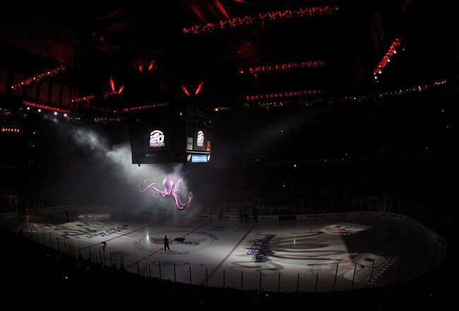 DETROIT,MI- APRIL 13:  A octipus is lowered to the ice in a pre game ceremony as the Detroit Red Wings play against the Phoenix Coyotes in Game One of the Western Conference Quarterfinals during the 2011 NHL Stanley Cup Playoffs at at Joe Louis Arena on April 13, 2011 in Detroit, Michigan.(Photo By Dave Sandford/Getty Images)