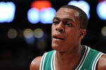 NEW YORK, NY - DECEMBER 25: Rajon Rondo #9 of the Boston Celtics looks on during the second half against the New York Knicks at Madison Square Garden on December 25, 2011 in New York City. NOTE TO USER: User expressly acknowledges and agrees that, by downloading and or using this photograph, User is consenting to the terms and conditions of the Getty Images License Agreement. (Photo by Christopher Pasatieri/Getty Images)