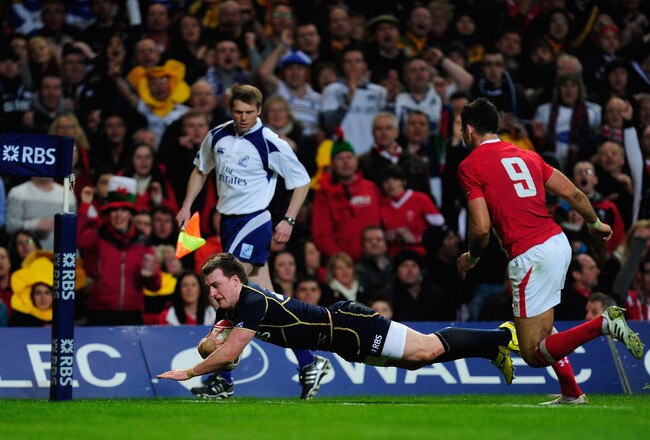 CARDIFF, WALES - FEBRUARY 12:  Scotland player Stuart Hogg dives over the line but the try is not given after after a knock during the RBS Six Nations game between Wales and Scotland at the  Millennium Stadium on February 12, 2012 in Cardiff, Wales.  (Photo by Stu Forster/Getty Images)