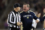 STANFORD, CA - NOVEMBER 26:  Notre Dame Fighting Irish head coach Brian Kelly argues a call with side judge Glenn Crowther during their game against the Stanford Cardinal at Stanford Stadium on November 26, 2011 in Stanford, California.  (Photo by Ezra Shaw/Getty Images)