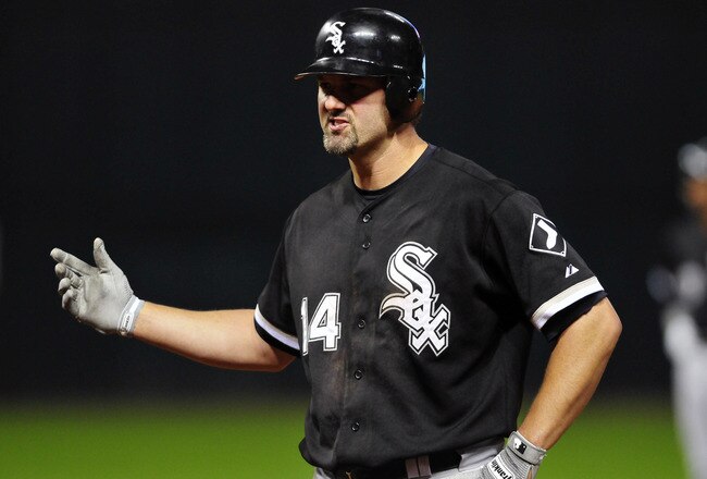 CLEVELAND, OH - SEPTEMBER 20: Paul Konerko #14 of the Chicago White Sox complains after being hit by a pitch during the seventh inning against the Cleveland Indians at Progressive Field on September 20, 2011 in Cleveland, Ohio. (Photo by Jason Miller/Getty Images)