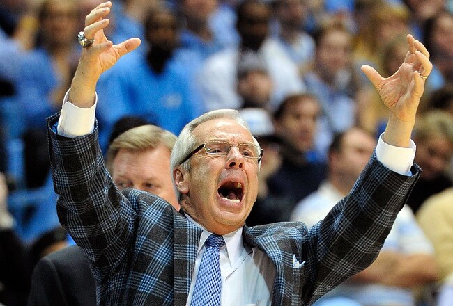 CHAPEL HILL, NC - FEBRUARY 11:  Coach Roy Williams of the North Carolina Tar Heels directs his team against the Virginia Cavaliers during play at the Dean Smith Center on February 11, 2012 in Chapel Hill, North Carolina. North Carolina won 70-52.  (Photo by Grant Halverson/Getty Images)