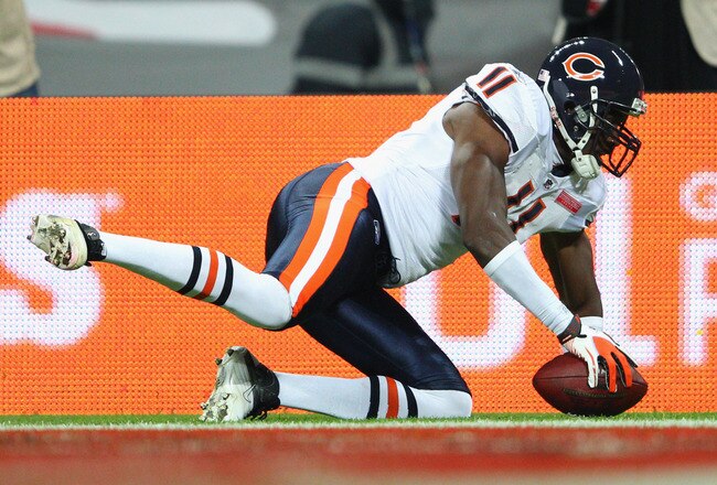 LONDON, ENGLAND - OCTOBER 23:  Roy Williams #11 of the Chicago Bears scores a touchdown during the NFL International Series match between Chicago Bears and Tampa Bay Buccaneers at Wembley Stadium on October 23, 2011 in London, England. This is the fifth occasion where a regular season NFL match has been played in London.  (Photo by Warren Little/Getty Images)