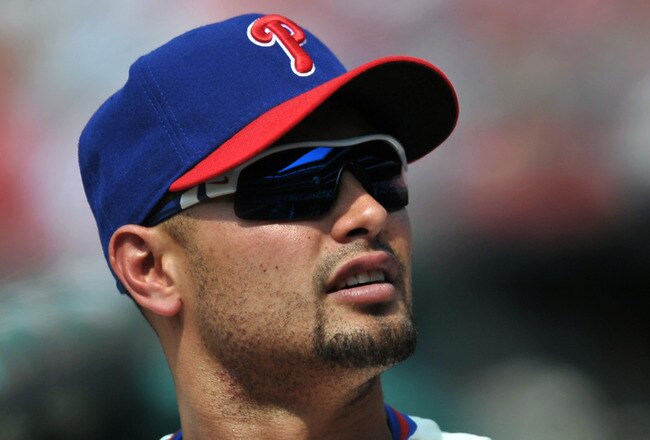 PHILADELPHIA, PA - MAY 26: Shane Victorino #8 of the Philadelphia Phillies looks into the stands during the game against the Cincinnati Reds at Citizens Bank Park on May 26, 2011 in Philadelphia, Pennsylvania. The Phillies won 10-4. (Photo by Drew Hallowell/Getty Images)