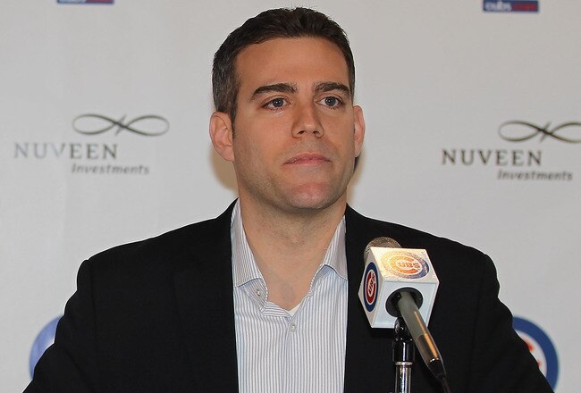CHICAGO, IL - NOVEMBER 18:  President Theo Epstein of the Chicago Cubs (R) introdues new manager Dale Sveum during a press conference at Wrigley Field on November 18, 2011 in Chicago, Illinois.  (Photo by Jonathan Daniel/Getty Images)