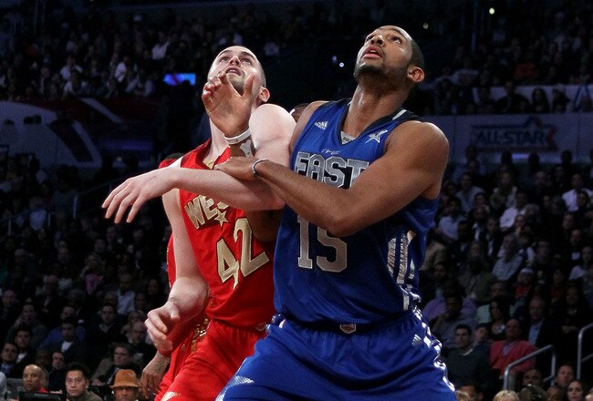 LOS ANGELES, CA - FEBRUARY 20:  Al Horford #15 of the Atlanta Hawks and the Eastern Conference boxes out Kevin Love #42 of the Minnesota Timberwolves and the Western Conference in the 2011 NBA All-Star Game at Staples Center on February 20, 2011 in Los Angeles, California. NOTE TO USER: User expressly acknowledges and agrees that, by downloading and or using this photograph, User is consenting to the terms and conditions of the Getty Images License Agreement.  (Photo by Jeff Gross/Getty Images)