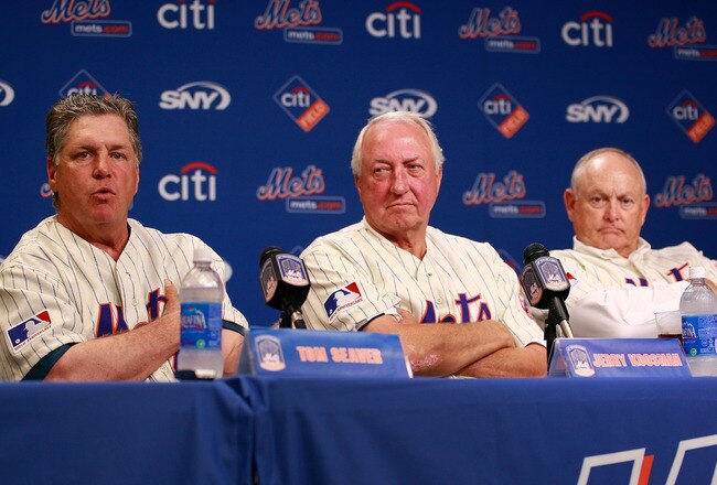 NEW YORK - AUGUST 22:  Tom Seaver speaks while Jerry Koosman and Nolan Ryan look on at a press conference commemorating the New York Mets 40th anniversary of the 1969 World Championship team on August 22, 2009 at Citi Field in the Flushing neighborhood of the Queens borough of New York City.  (Photo by Jared Wickerham/Getty Images)