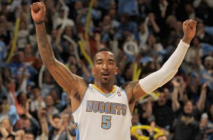 DENVER, CO - APRIL 25:  J.R. Smith #5 of the Denver Nuggets reacts after scoring against the Oklahoma City Thunder in Game Four of the Western Conference Quarterfinals in the 2011 NBA Playoffs on April 24, 2011 at the Pepsi Center in Denver, Colorado. NOTE TO USER: User expressly acknowledges and agrees that, by downloading and or using this photograph, User is consenting to the terms and conditions of the Getty Images License Agreement.  (Photo by Doug Pensinger/Getty Images)