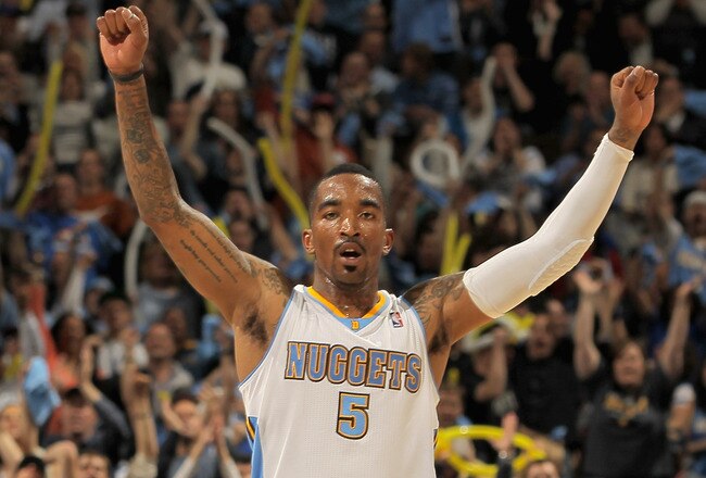 DENVER, CO - APRIL 25:  J.R. Smith #5 of the Denver Nuggets reacts after scoring against the Oklahoma City Thunder in Game Four of the Western Conference Quarterfinals in the 2011 NBA Playoffs on April 24, 2011 at the Pepsi Center in Denver, Colorado. NOTE TO USER: User expressly acknowledges and agrees that, by downloading and or using this photograph, User is consenting to the terms and conditions of the Getty Images License Agreement.  (Photo by Doug Pensinger/Getty Images)