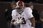STARKVILLE, MS - NOVEMBER 12:  Running back Trent Richardson #3 of the Alabama Crimson Tide runs for a first down against Mississippi State in the first quarter on November 12, 2011 at Davis Wade Stadium in Starkville, Mississippi. (Photo by Butch Dill/Getty Images)